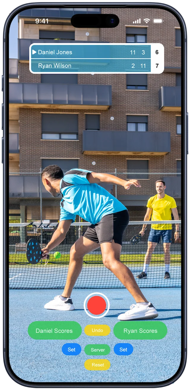Pickleball singles match recorded with Scorify scoreboard overlay (portrait)