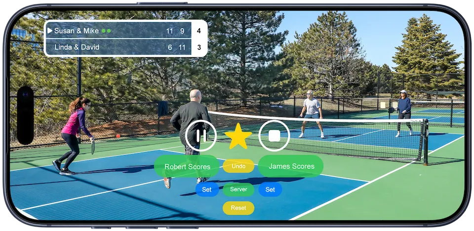 Pickleball doubles match with Scorify scoreboard overlay (landscape)