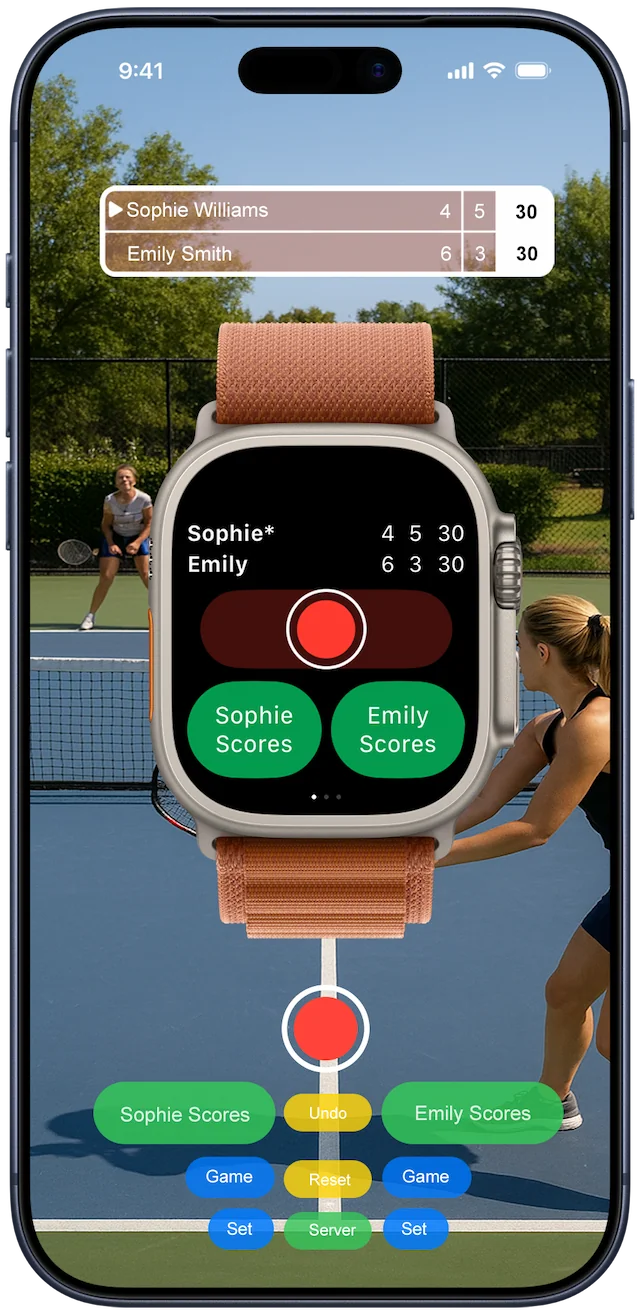 Tennis singles match recorded with Scorify scoreboard overlay (portrait)
