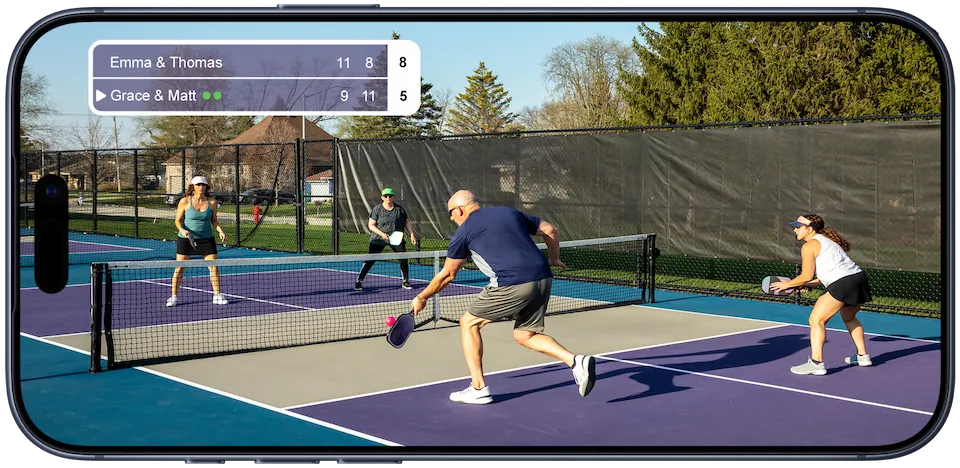 Pickleball doubles rally recorded in Scorify with scoreboard overlay (landscape)