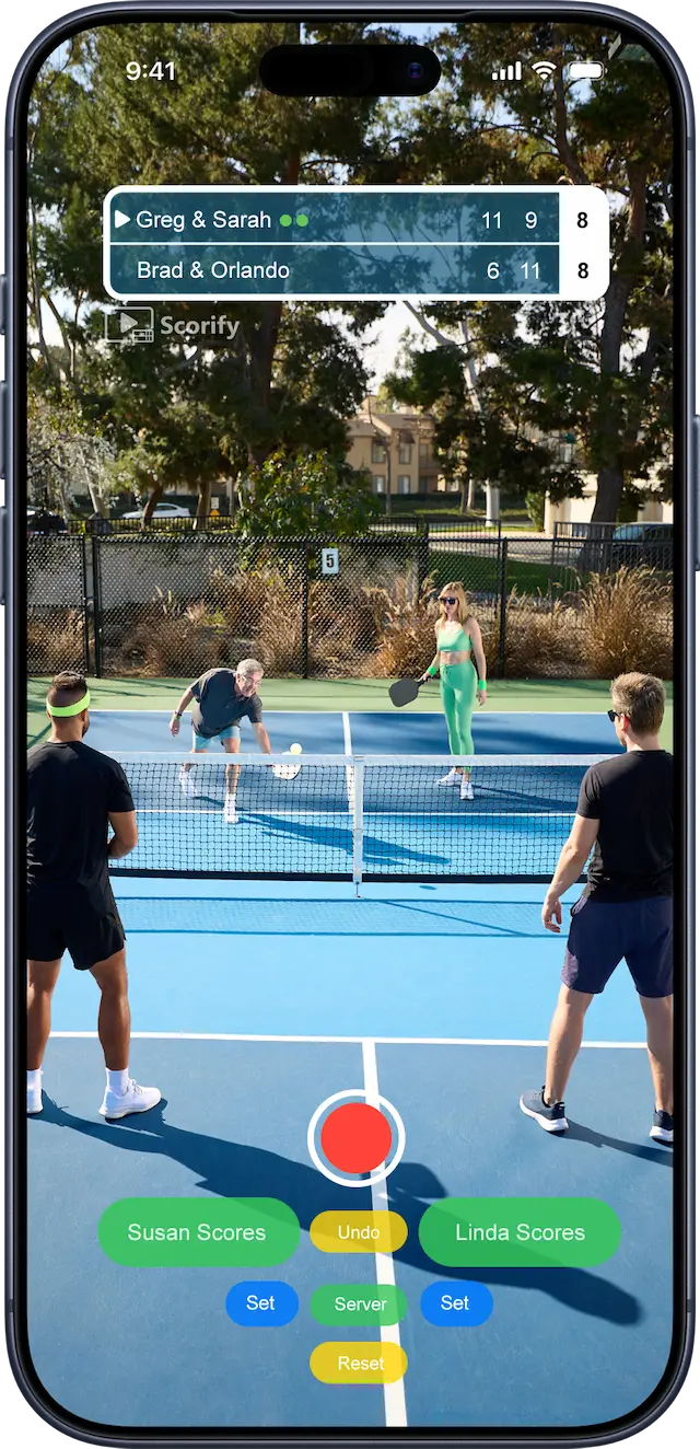 Pickleball doubles rally recorded in Scorify with scoreboard overlay (portrait)