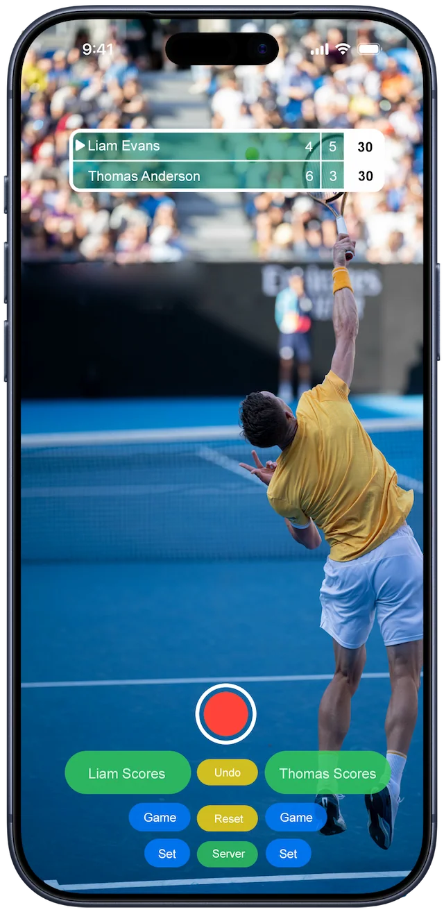 Tennis serve captured in Scorify with scoreboard overlay (portrait)