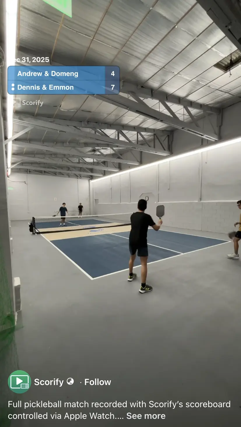 Pickleball match with Scorify scoreboard overlay